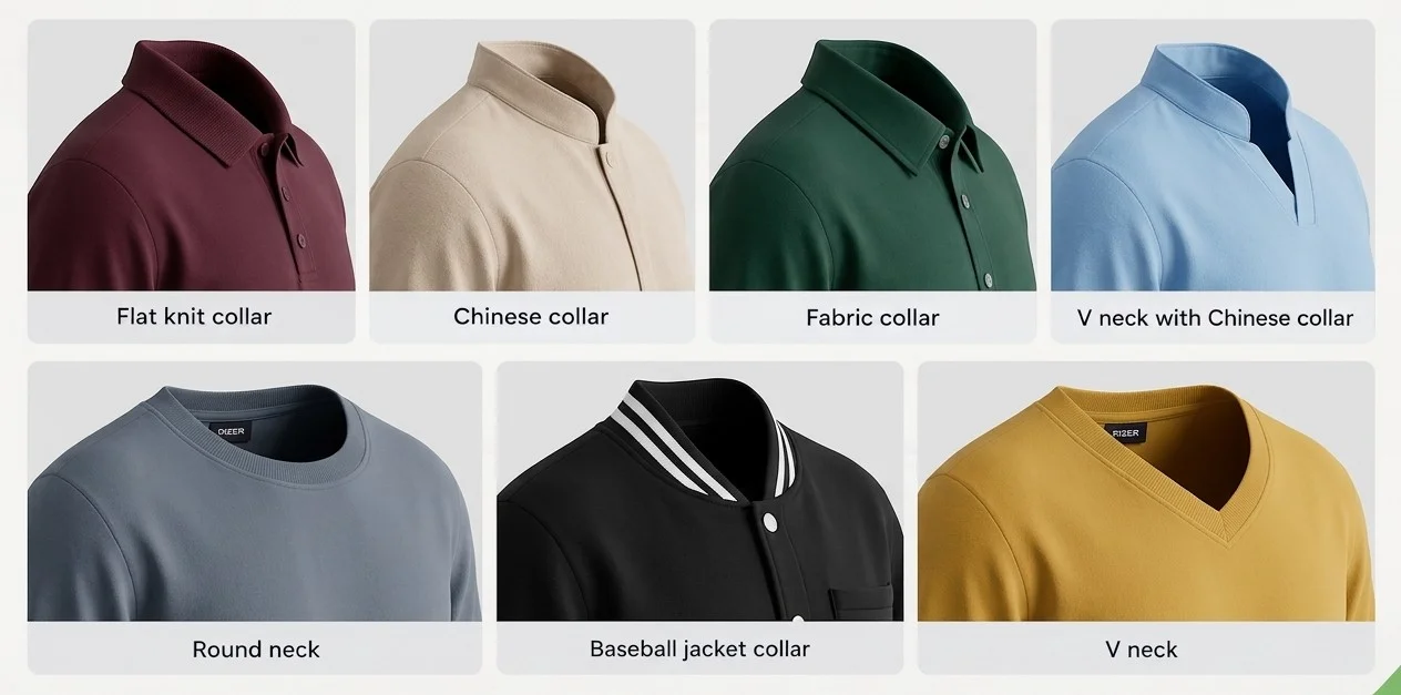 Comparison of flat knit, Chinese, fabric, V-neck Chinese, round, baseball jacket and V-neck collar styles