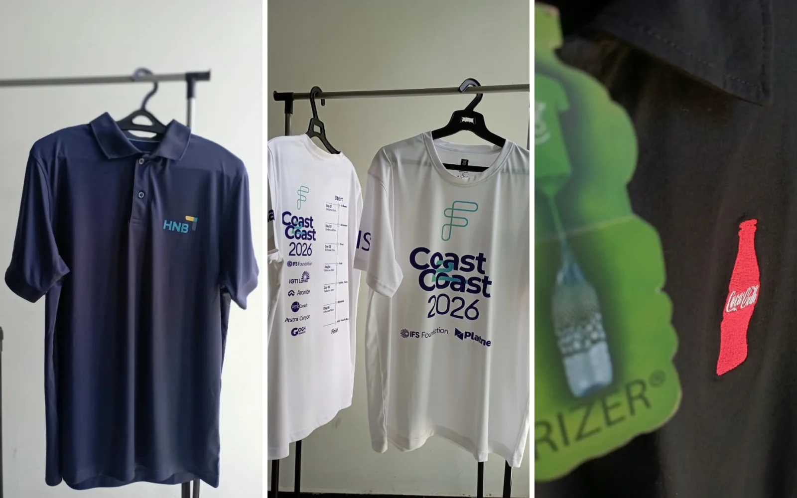 Navy embroidered corporate polo, printed event T-shirts and a close-up of logo embroidery