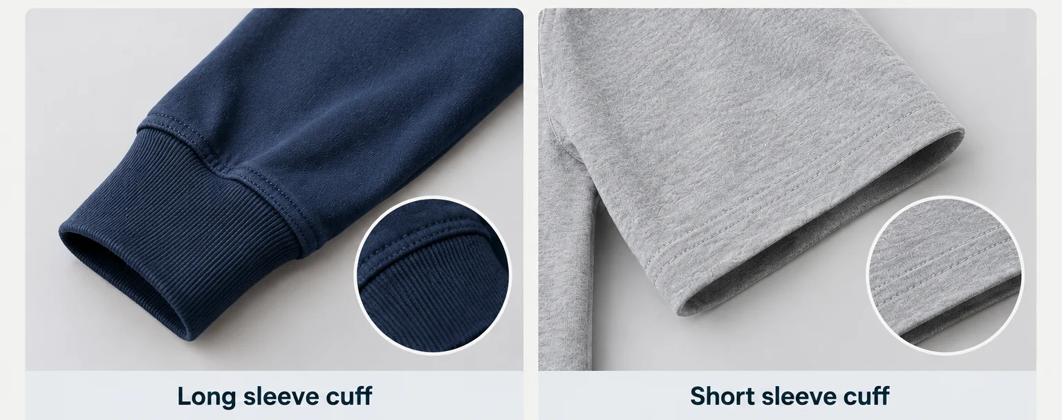 Close-up comparison of a ribbed long-sleeve cuff and a finished short-sleeve cuff