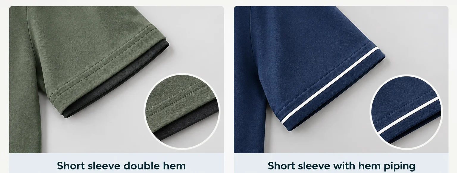 Short-sleeve finish examples showing a double hem and contrasting hem piping