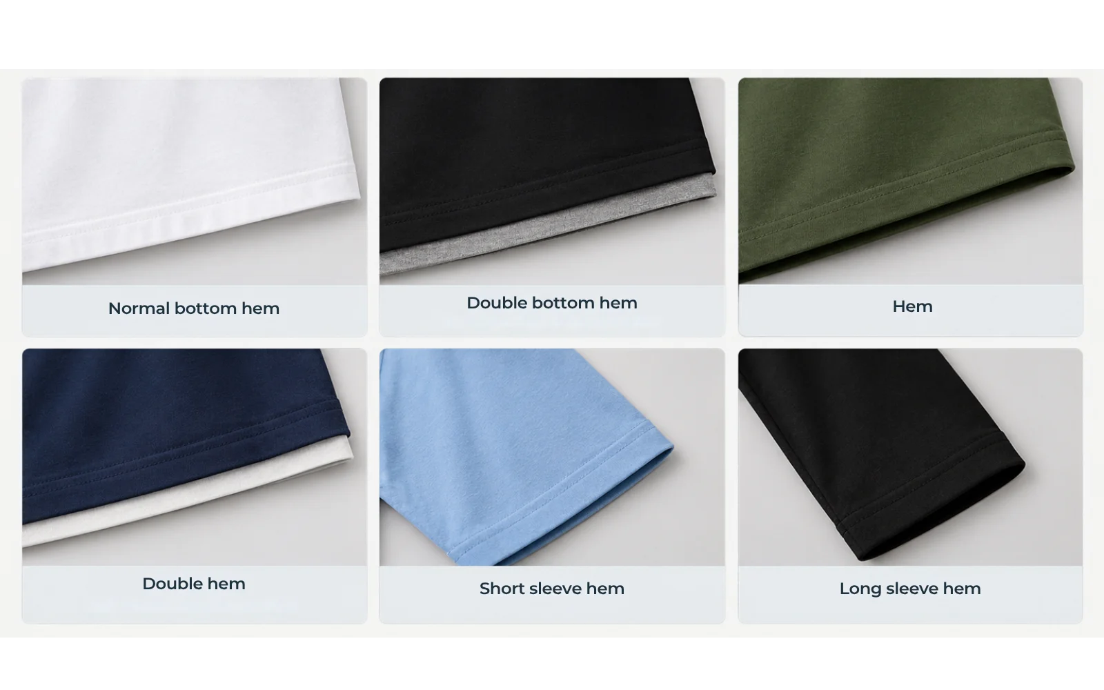 Comparison of normal and double bottom hems, a standard hem, double hem, short-sleeve hem and long-sleeve hem