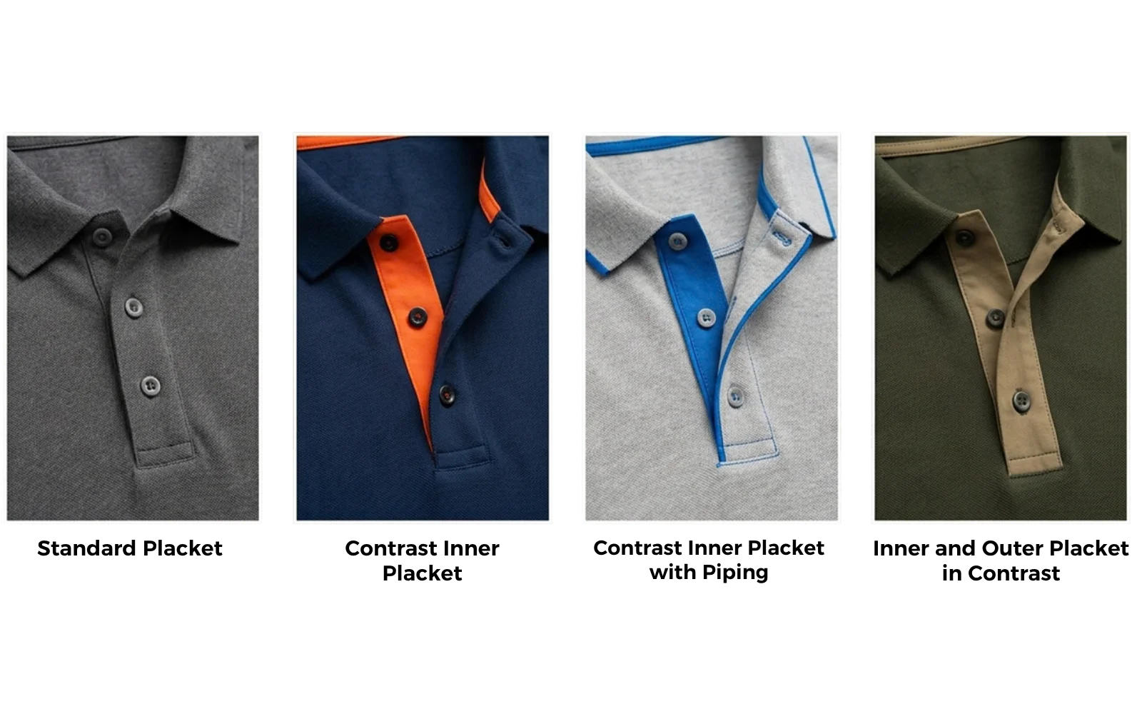 Four polo placket close-ups showing a standard opening and contrasting inner and outer placket details