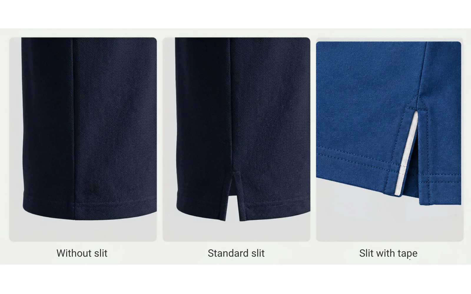 Side-by-side shirt hem examples showing no slit, a standard side slit and a slit finished with contrast tape