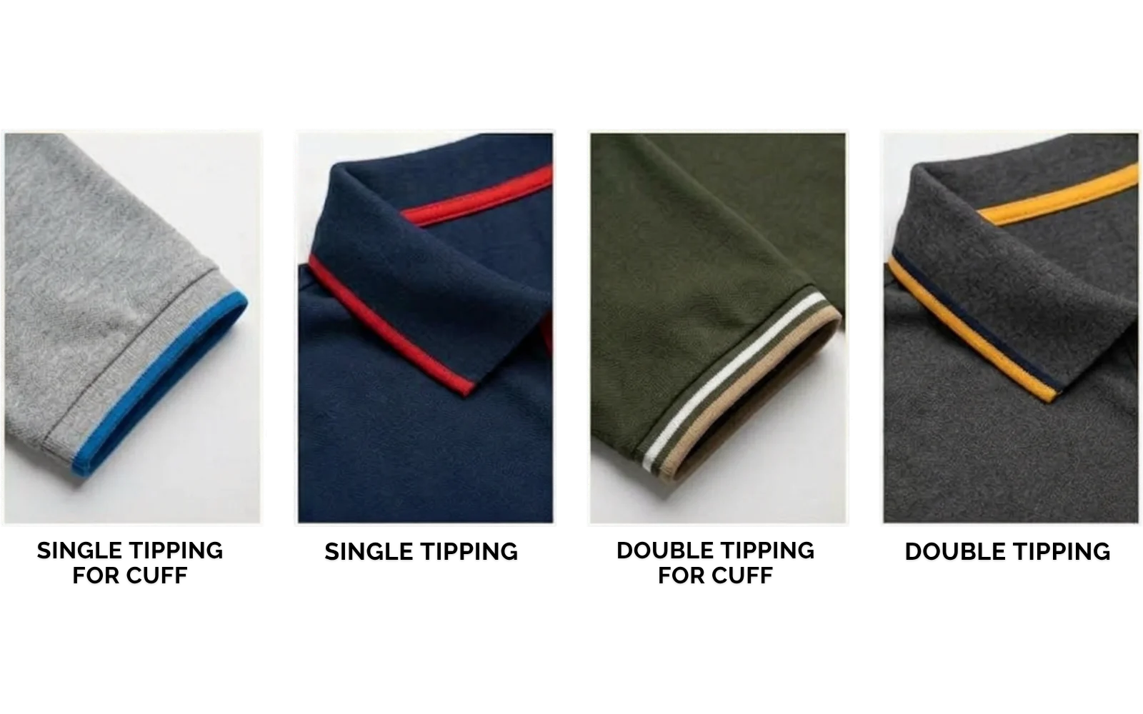 Polo collar and sleeve cuff examples with single and double contrast tipping stripes